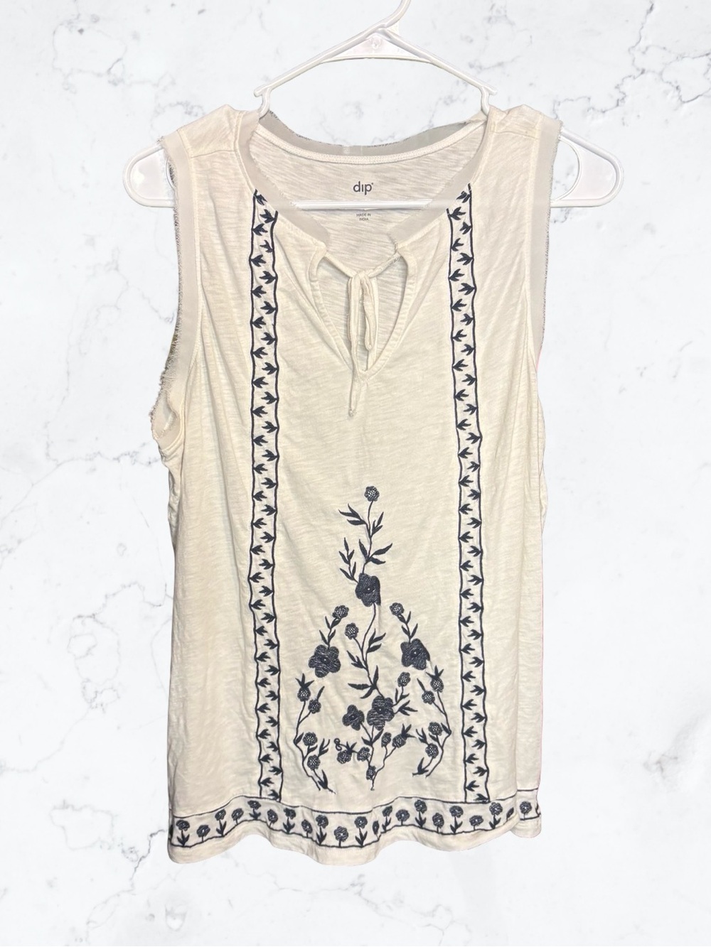 dip Cream Sleeveless Embroidered Tie-Neck Tank with Navy Floral Trim